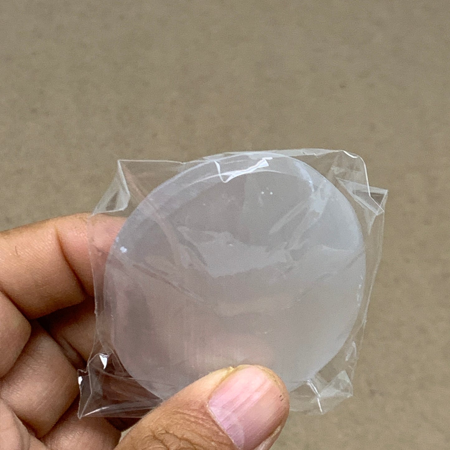 91g, 2.8"x2x0.9", White Selenite Palmstone Crystal Pillow Reiki, B36411