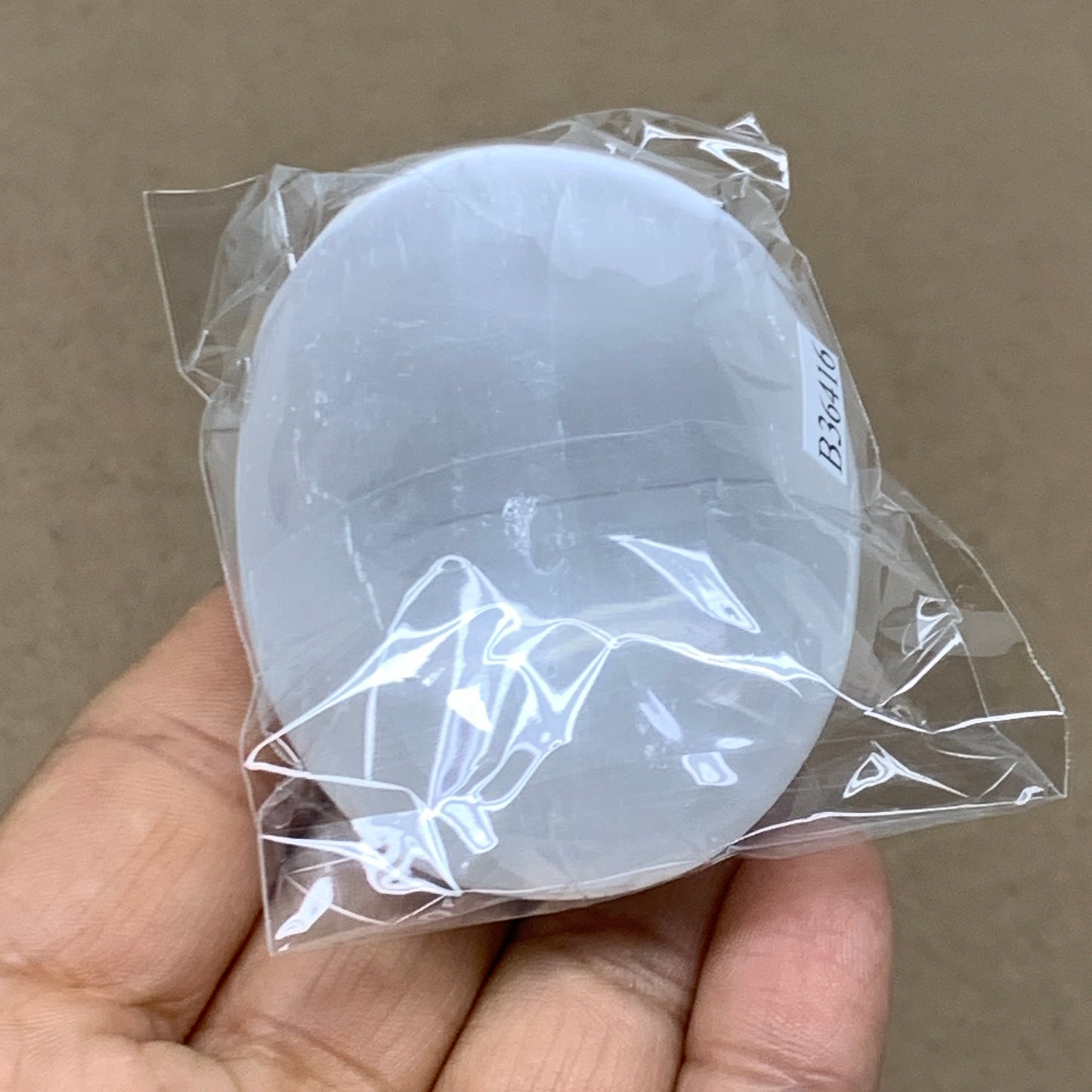 96g, 2.7"x1.9"x1", White Selenite Palmstone Crystal Pillow Reiki, B36416