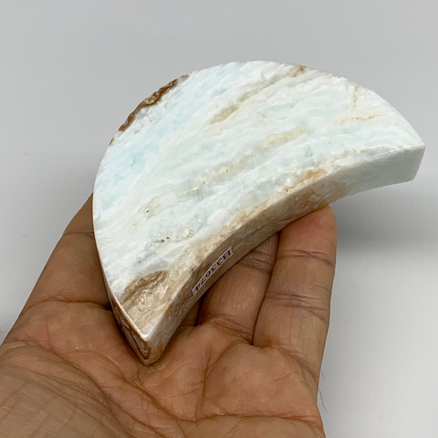 149.9g, 3.4"x1.7"x0.7", Caribbean Calcite Moon Crescent Gemstone, B33674