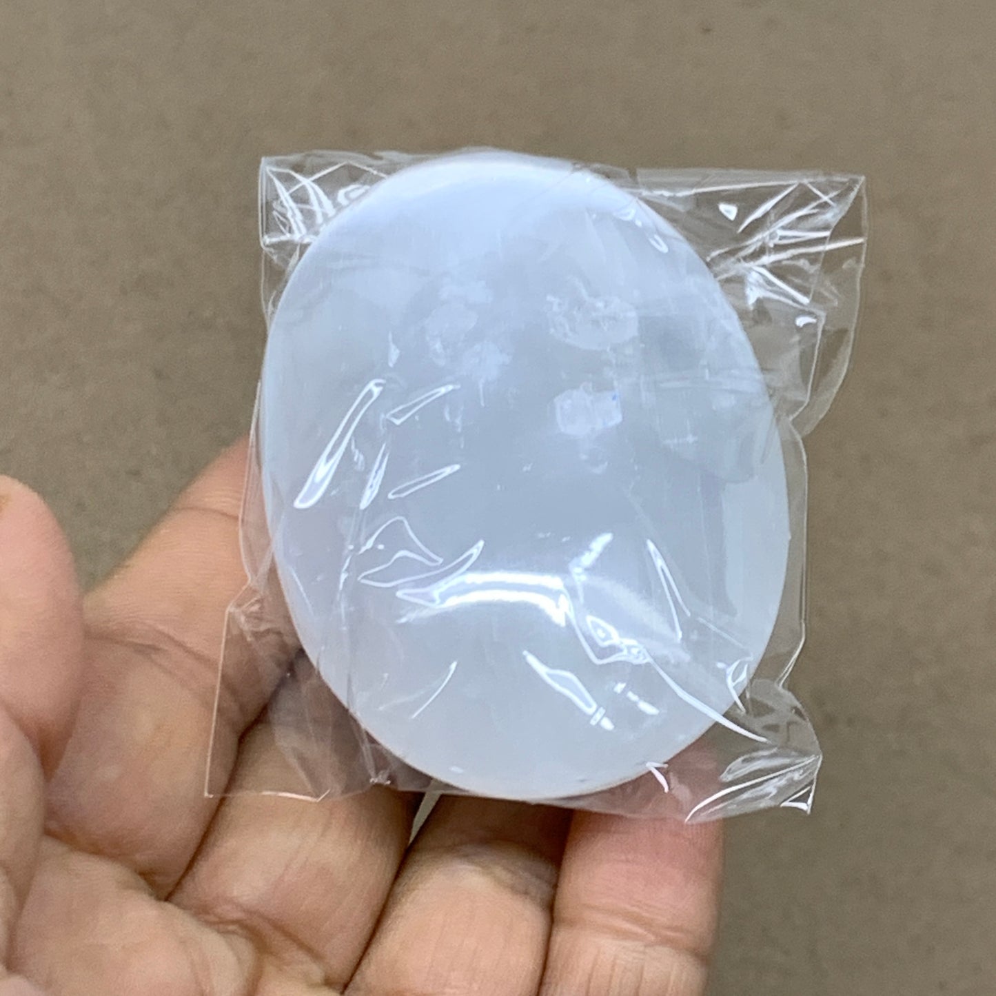 96g, 2.7"x1.9"x1", White Selenite Palmstone Crystal Pillow Reiki, B36416