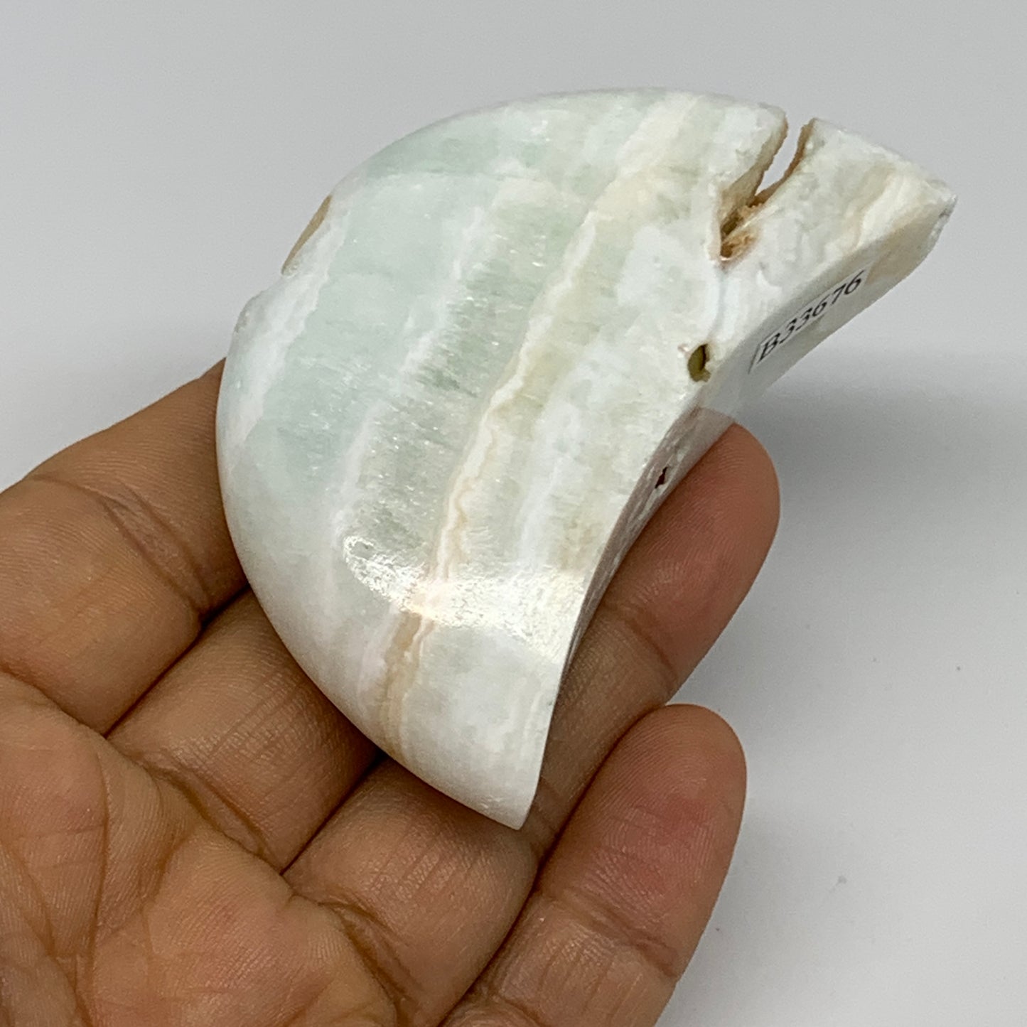107.5g, 2.8"x1.5"x0.9", Caribbean Calcite Moon Crescent Gemstone, B33676