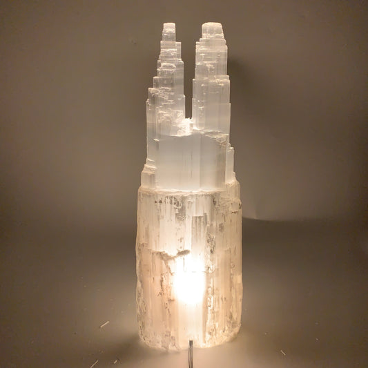 7.8 lbs, 13.7"x4.6"x3" Rough Selenite (Satin Spar) Lamp Tower W/Chord, B35781