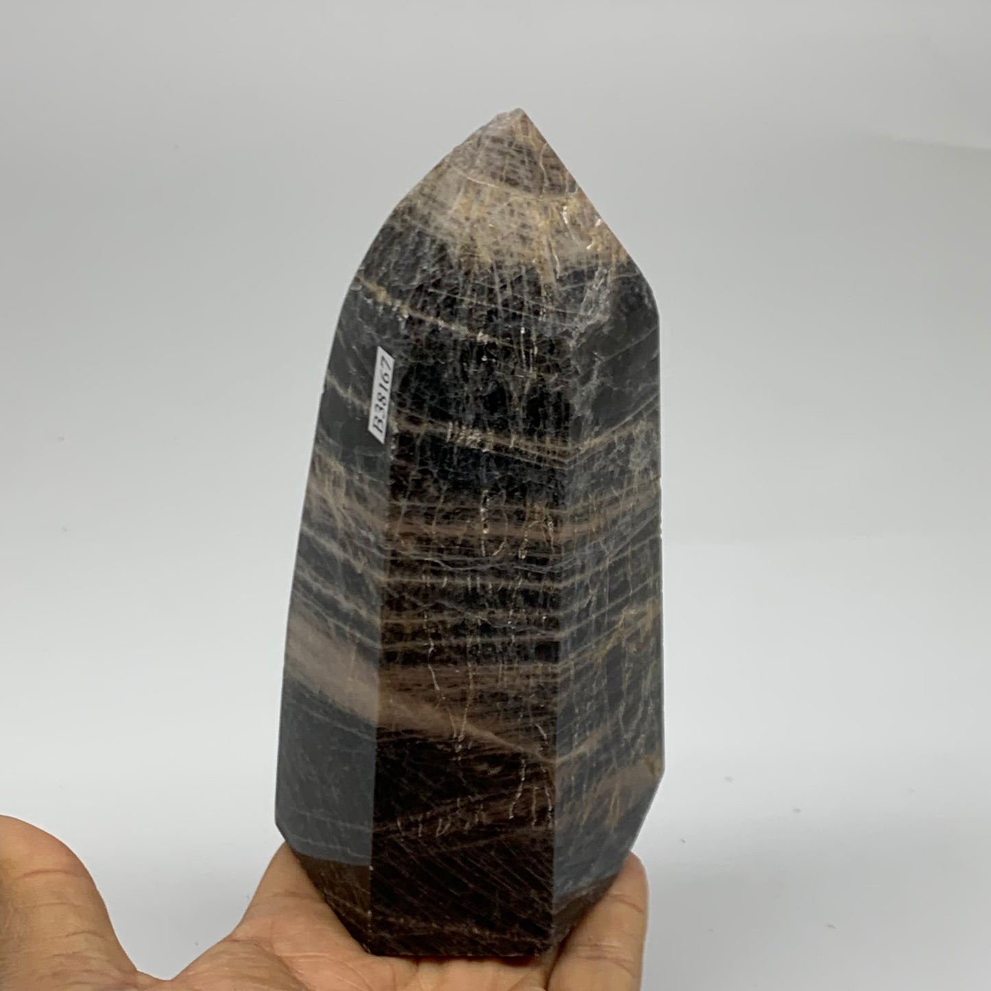 1.91 Lbs, 5.8"x2.9"x2.5", Black Moonstone Tower Obelisk Point Crystal, B38167