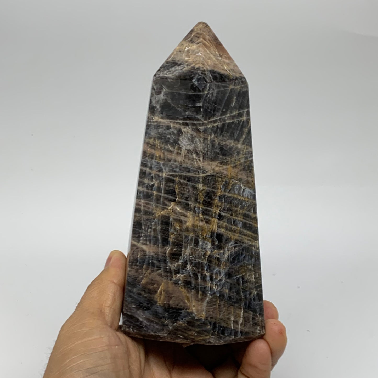 1.91 Lbs, 5.8"x2.9"x2.5", Black Moonstone Tower Obelisk Point Crystal, B38167