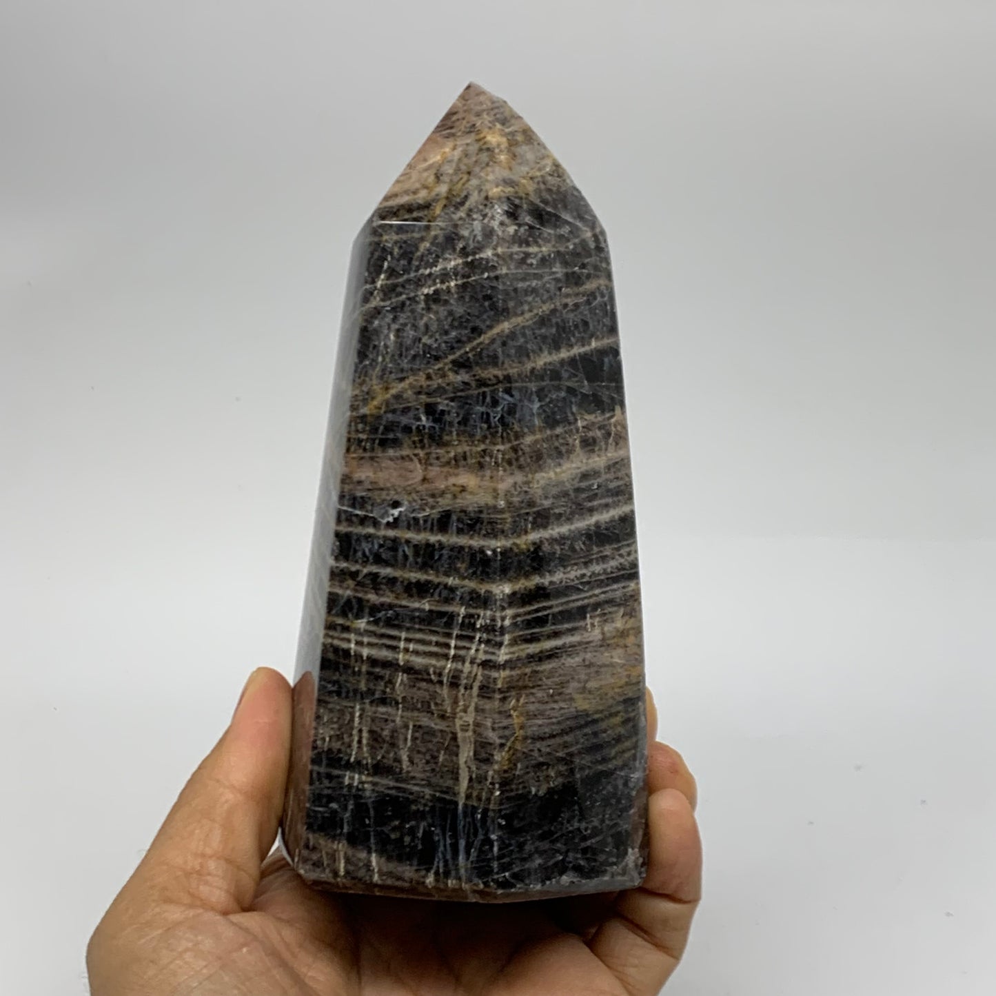 1.91 Lbs, 5.8"x2.9"x2.5", Black Moonstone Tower Obelisk Point Crystal, B38167