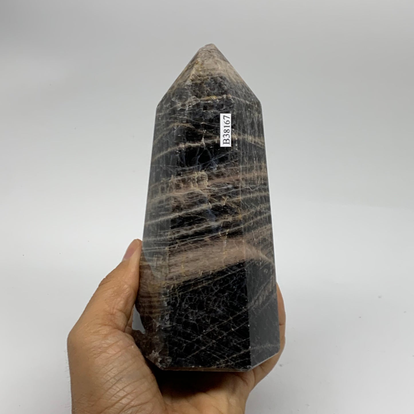 1.91 Lbs, 5.8"x2.9"x2.5", Black Moonstone Tower Obelisk Point Crystal, B38167