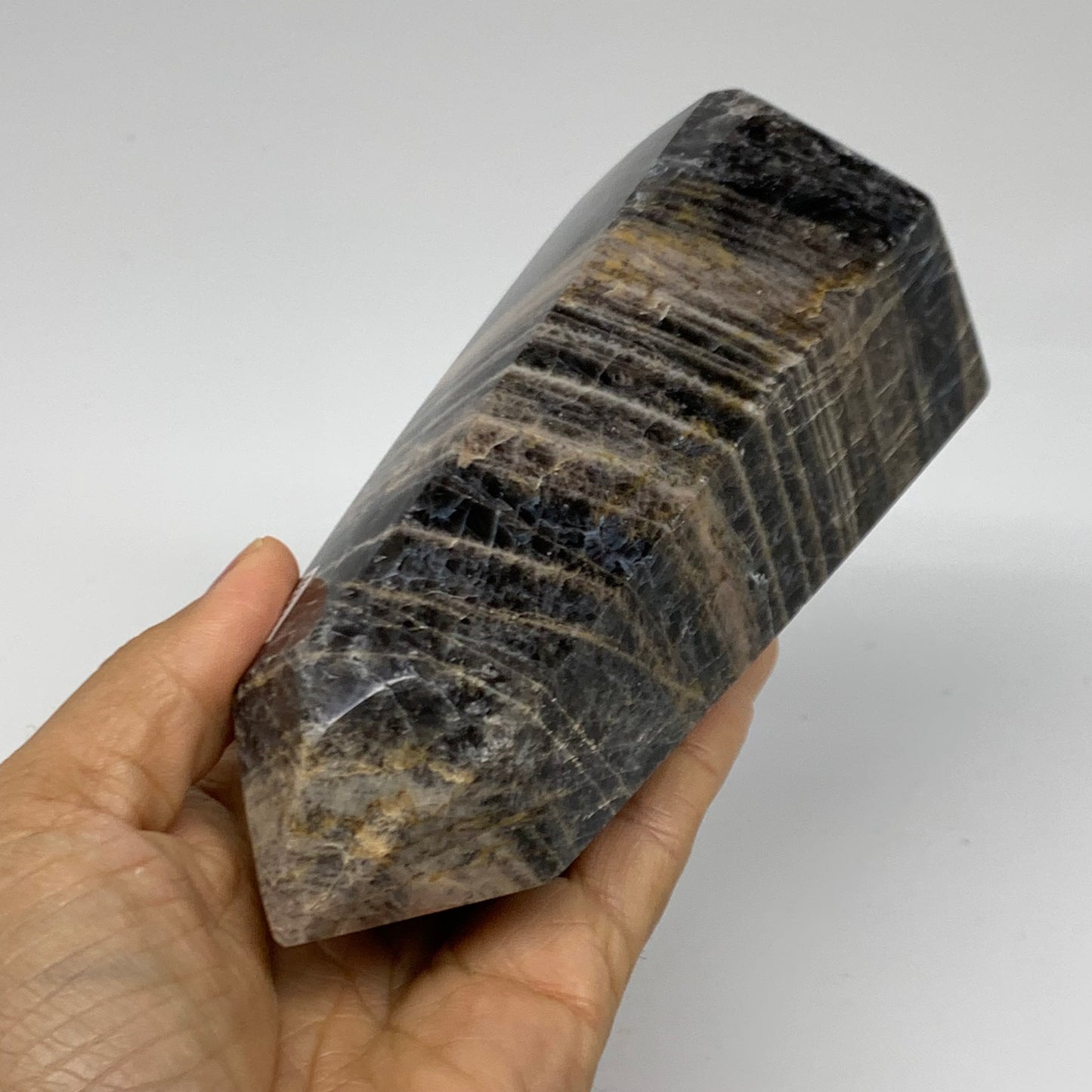 1.91 Lbs, 5.8"x2.9"x2.5", Black Moonstone Tower Obelisk Point Crystal, B38167