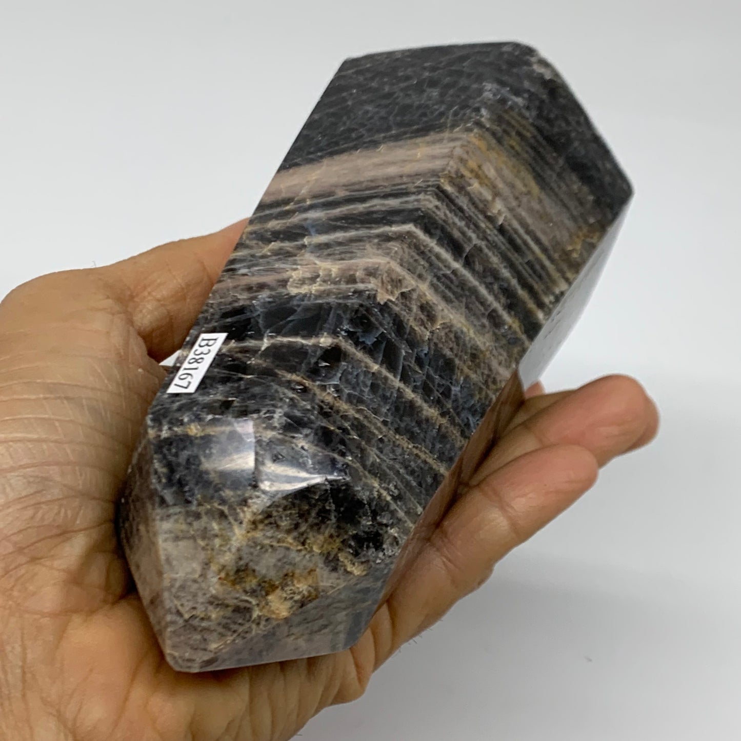 1.91 Lbs, 5.8"x2.9"x2.5", Black Moonstone Tower Obelisk Point Crystal, B38167