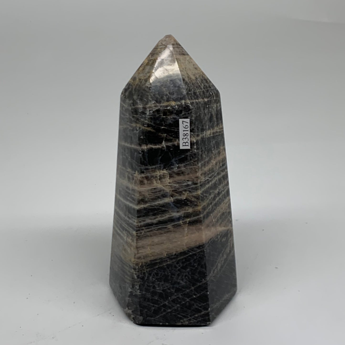 1.91 Lbs, 5.8"x2.9"x2.5", Black Moonstone Tower Obelisk Point Crystal, B38167