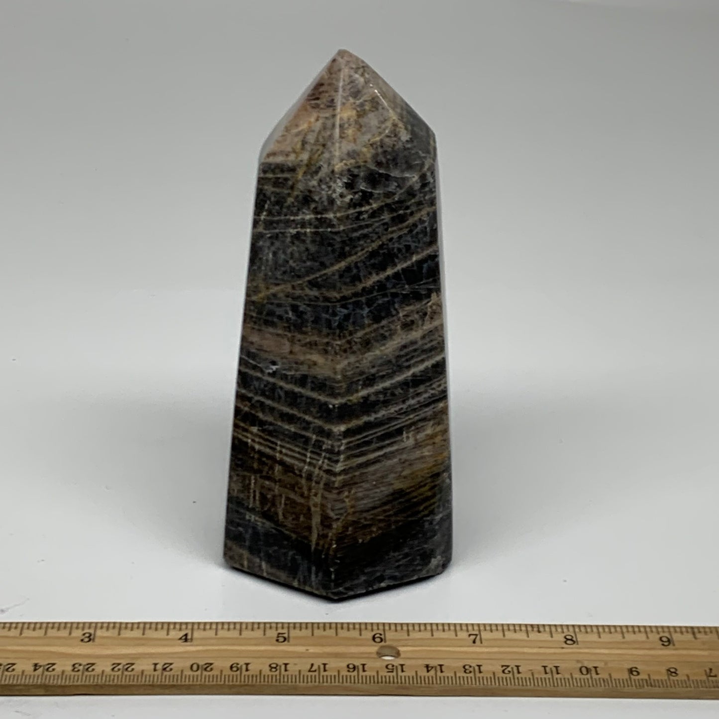 1.91 Lbs, 5.8"x2.9"x2.5", Black Moonstone Tower Obelisk Point Crystal, B38167