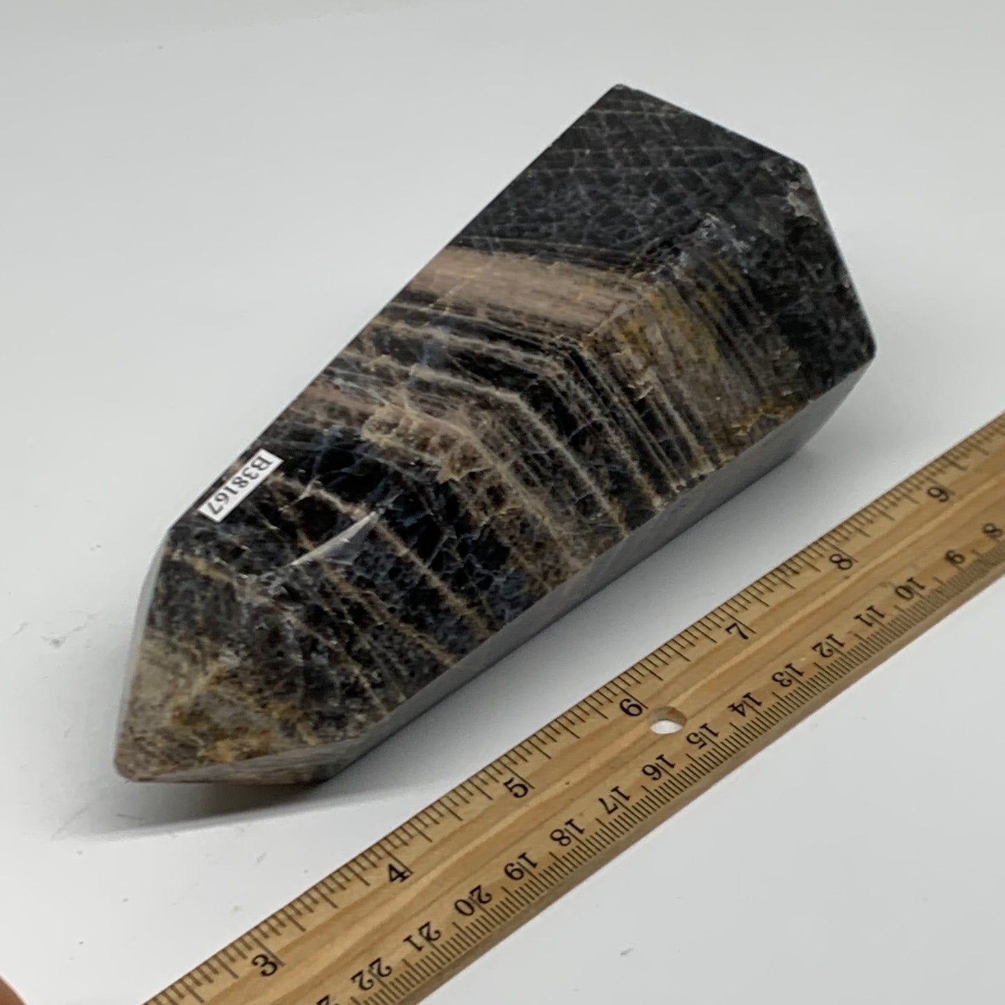 1.91 Lbs, 5.8"x2.9"x2.5", Black Moonstone Tower Obelisk Point Crystal, B38167