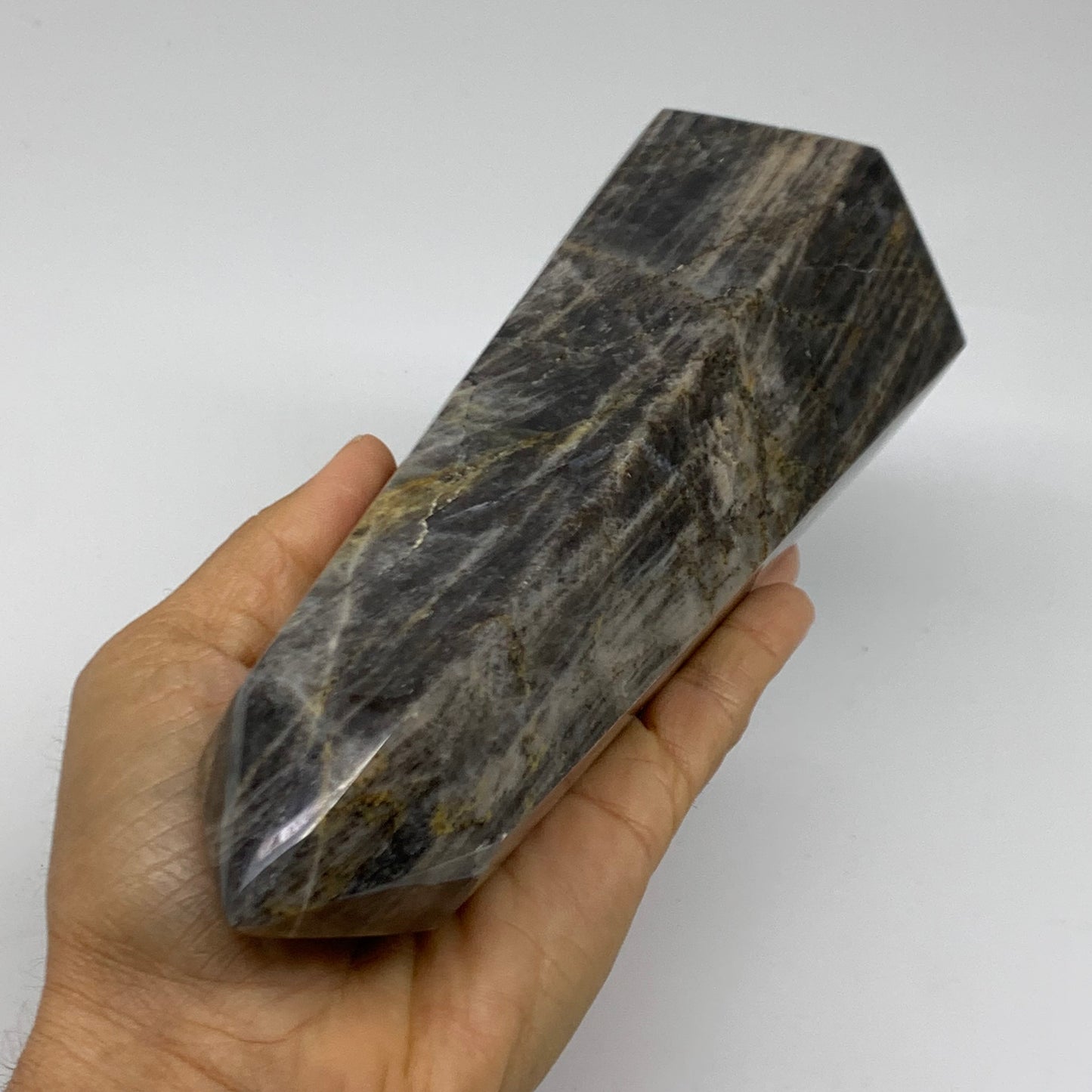 2.49 Lbs, 7.6"x3.1"x2.7", Black Moonstone Tower Obelisk Point Crystal, B38168