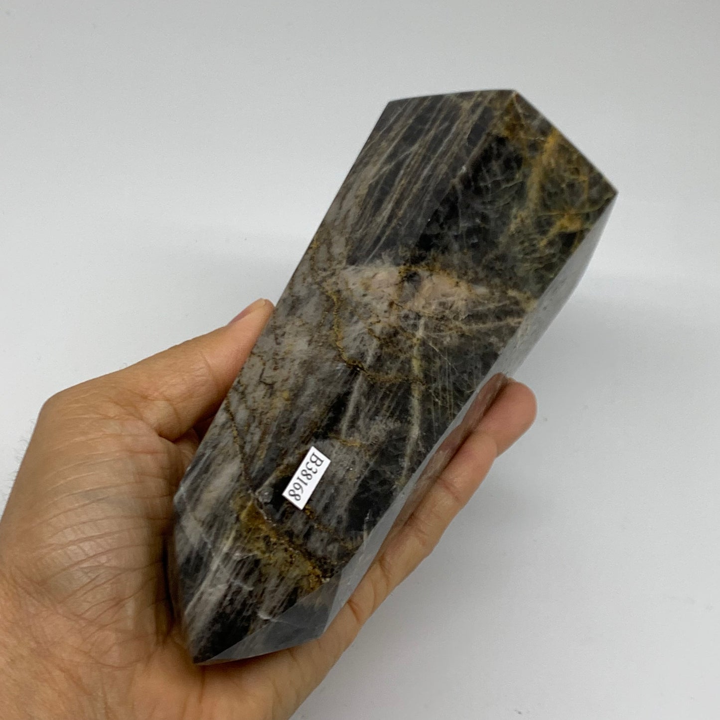 2.49 Lbs, 7.6"x3.1"x2.7", Black Moonstone Tower Obelisk Point Crystal, B38168