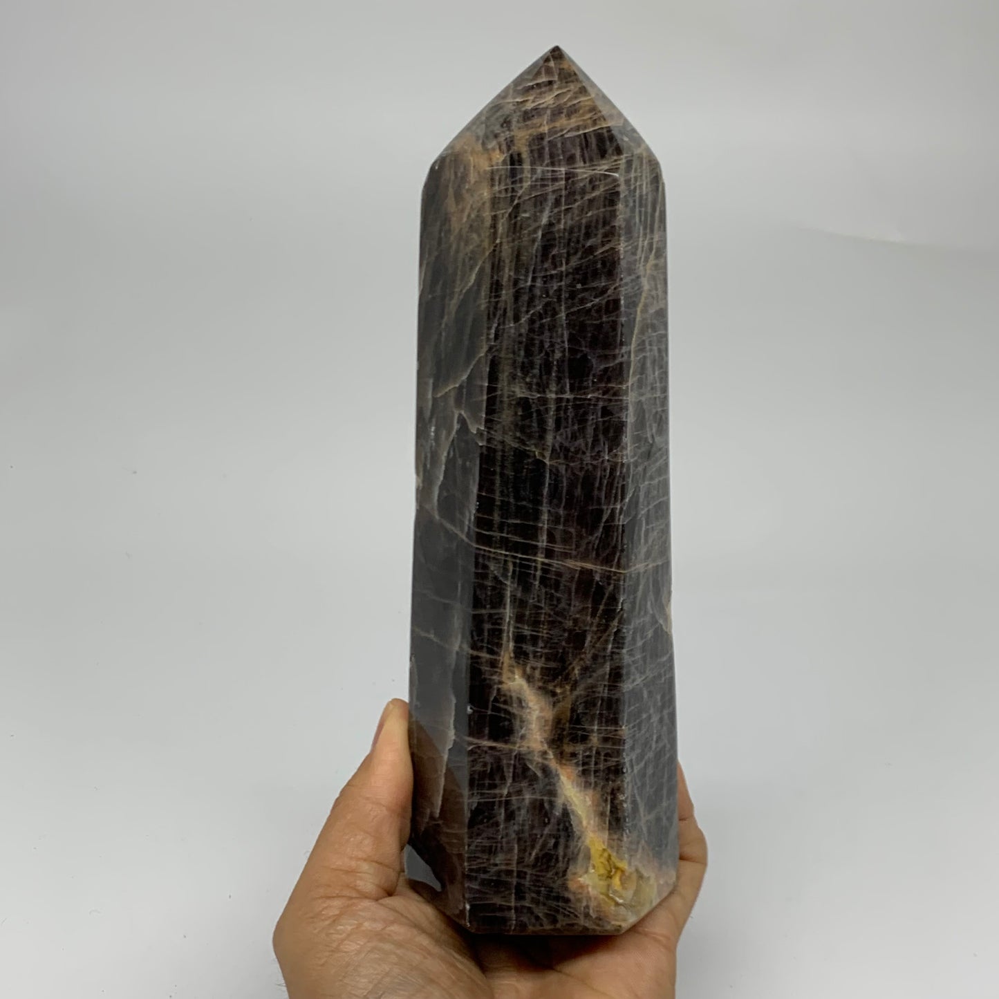 2.49 Lbs, 8"x2.6"x2.3", Black Moonstone Tower Obelisk Point Crystal, B38169