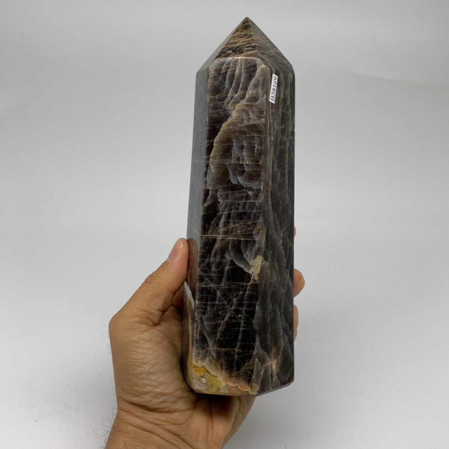 2.49 Lbs, 8"x2.6"x2.3", Black Moonstone Tower Obelisk Point Crystal, B38169