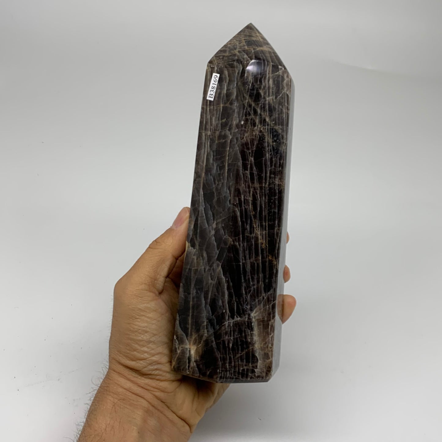 2.49 Lbs, 8"x2.6"x2.3", Black Moonstone Tower Obelisk Point Crystal, B38169