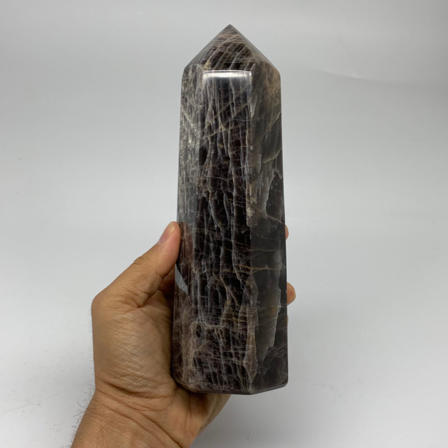 2.49 Lbs, 8"x2.6"x2.3", Black Moonstone Tower Obelisk Point Crystal, B38169