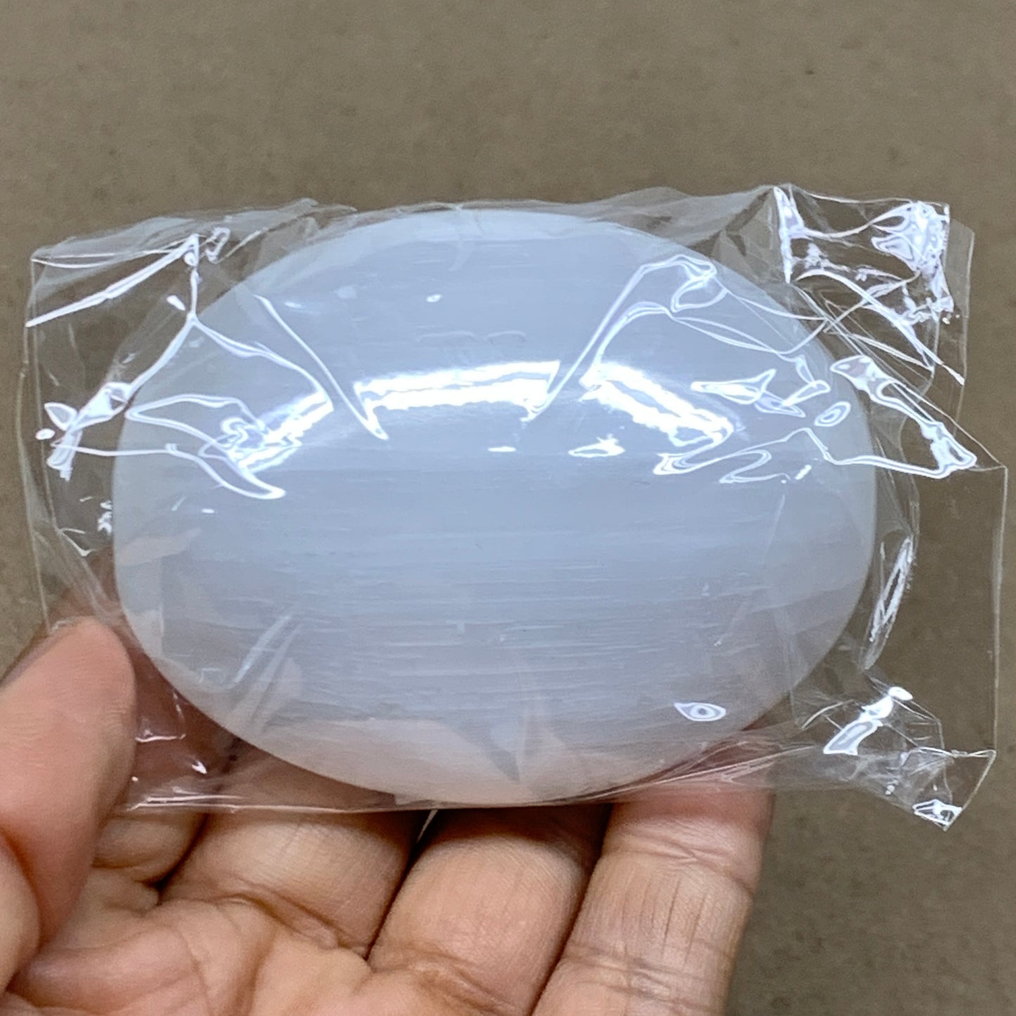 115g, 2.7"x2.1"x1", White Selenite Palmstone Crystal Pillow Reiki, B36430