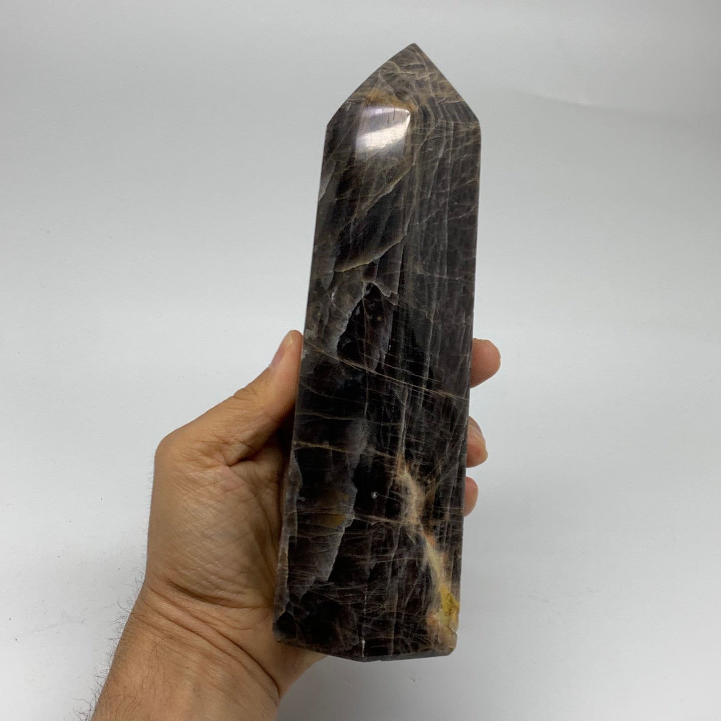 2.49 Lbs, 8"x2.6"x2.3", Black Moonstone Tower Obelisk Point Crystal, B38169