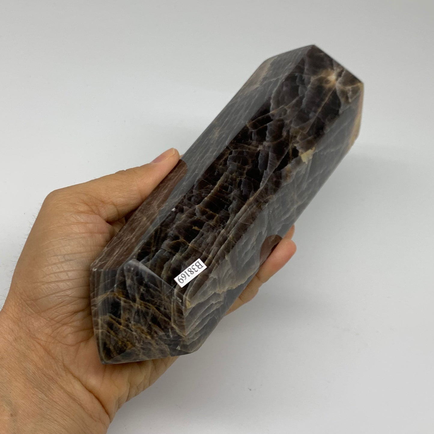 2.49 Lbs, 8"x2.6"x2.3", Black Moonstone Tower Obelisk Point Crystal, B38169