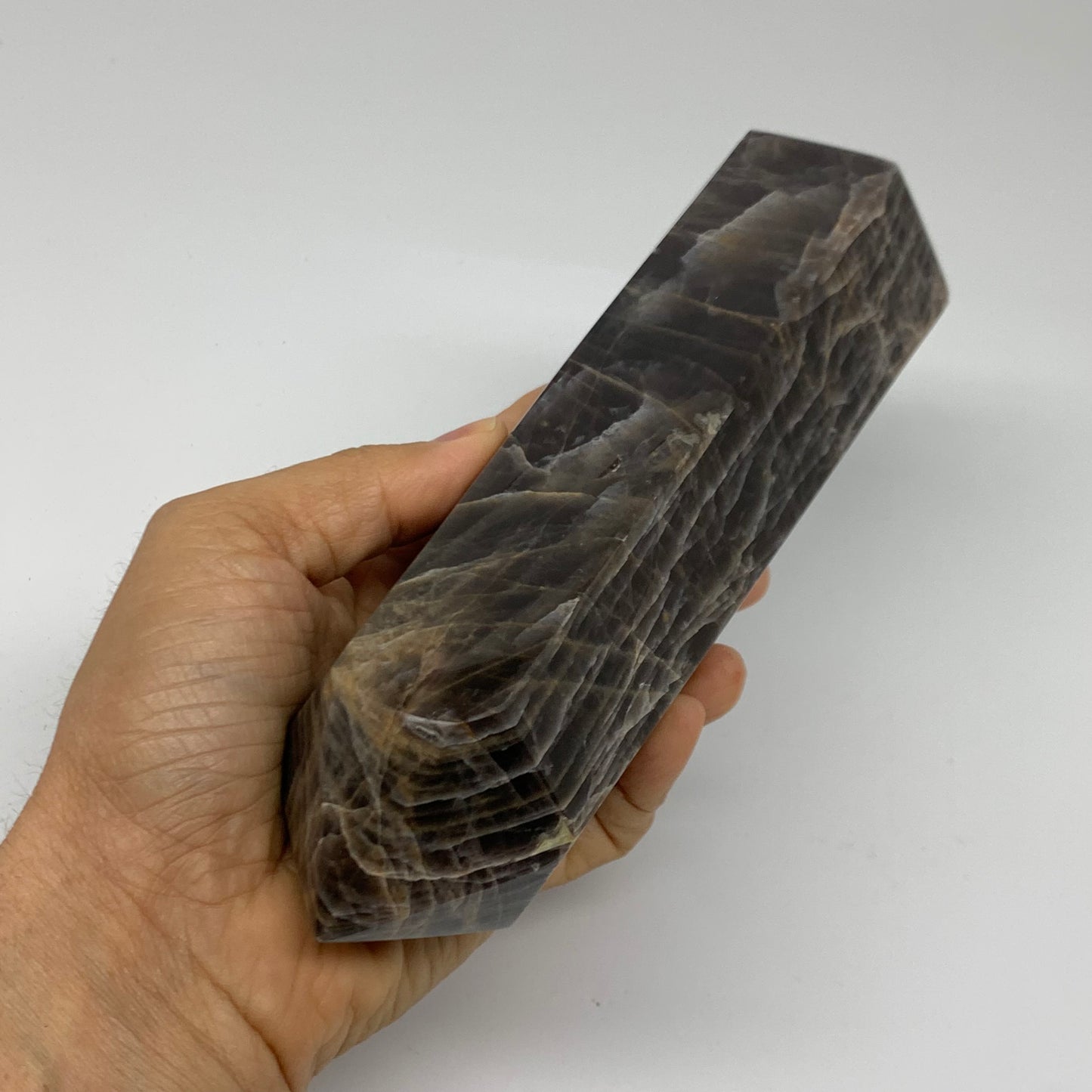 2.49 Lbs, 8"x2.6"x2.3", Black Moonstone Tower Obelisk Point Crystal, B38169