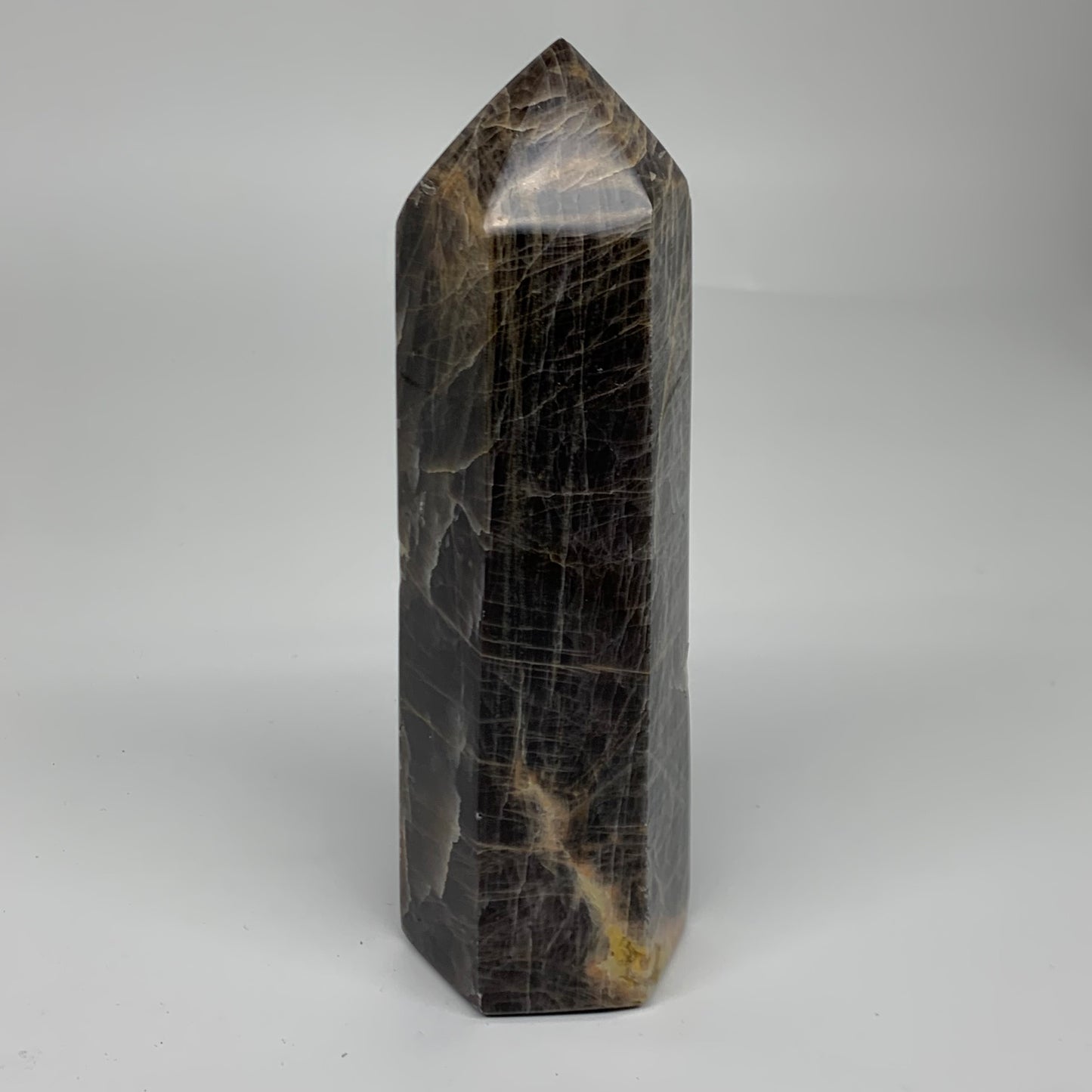 2.49 Lbs, 8"x2.6"x2.3", Black Moonstone Tower Obelisk Point Crystal, B38169