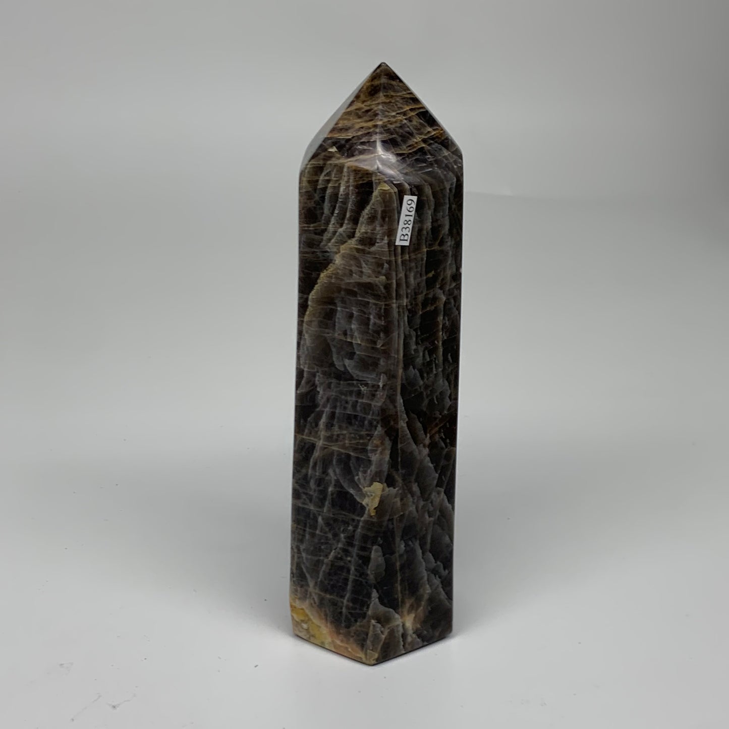 2.49 Lbs, 8"x2.6"x2.3", Black Moonstone Tower Obelisk Point Crystal, B38169