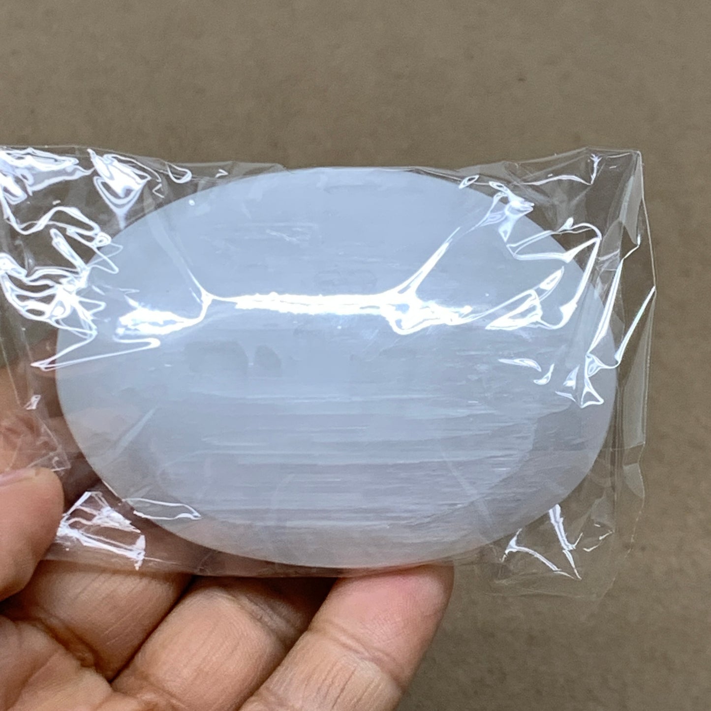104g, 2.8"x2"x0.9", White Selenite Palmstone Crystal Pillow Reiki, B36432