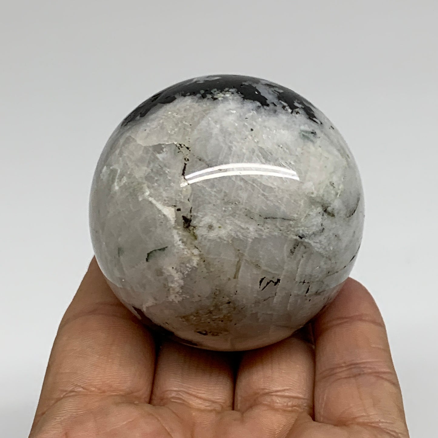 223.8g, 2.1"(54mm), Natural Rainbow Moonstone Sphere Ball Gemstone, B34333