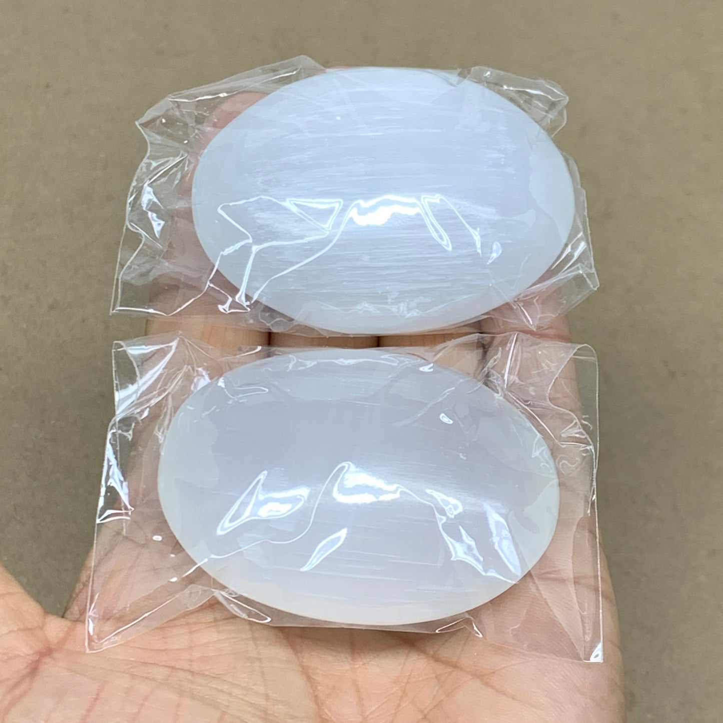 158g, 2.4"x1.8"x1", 2pcs, White Selenite Palmstone Crystal Pillow, B36456