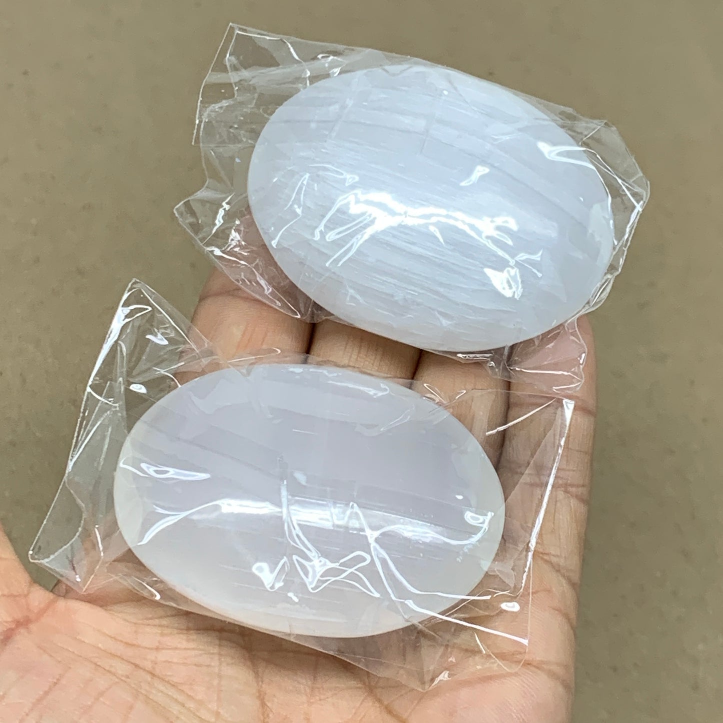 158g, 2.4"x1.8"x1", 2pcs, White Selenite Palmstone Crystal Pillow, B36456
