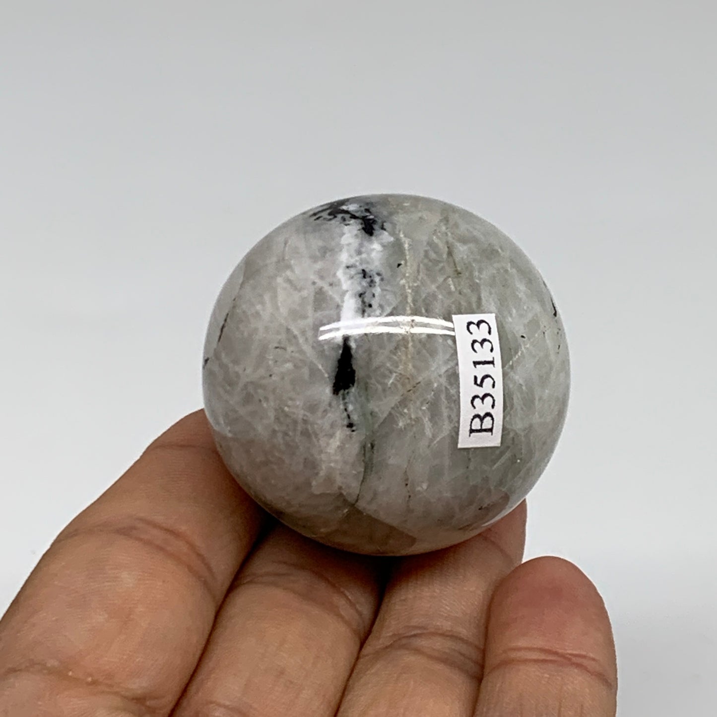 97.1g, 1.6"(41mm), Natural Rainbow Moonstone Sphere Ball Gemstone, B35133