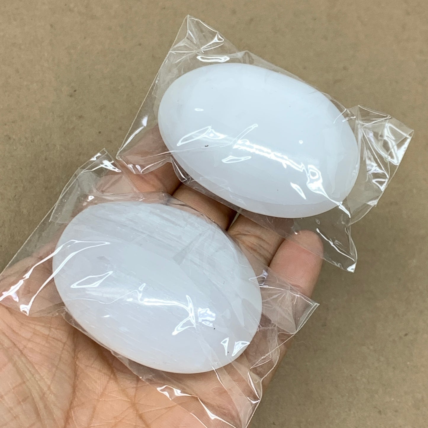 146g, 2.4"x1.8"x1", 2pcs, White Selenite Palmstone Crystal Pillow, B36457