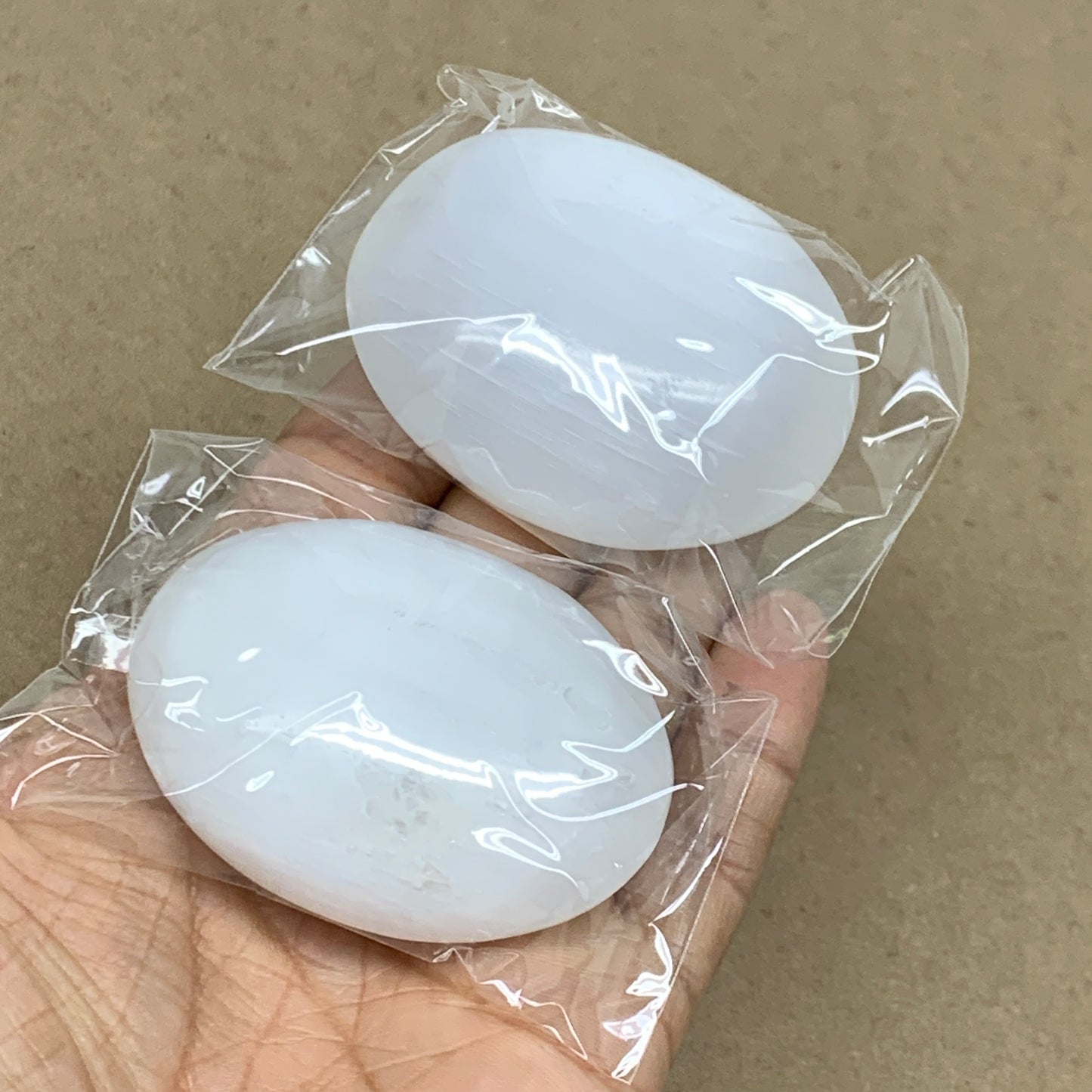 143g, 2.4"x1.7"x0.8", 2pcs, White Selenite Palmstone Crystal Pillow, B36458