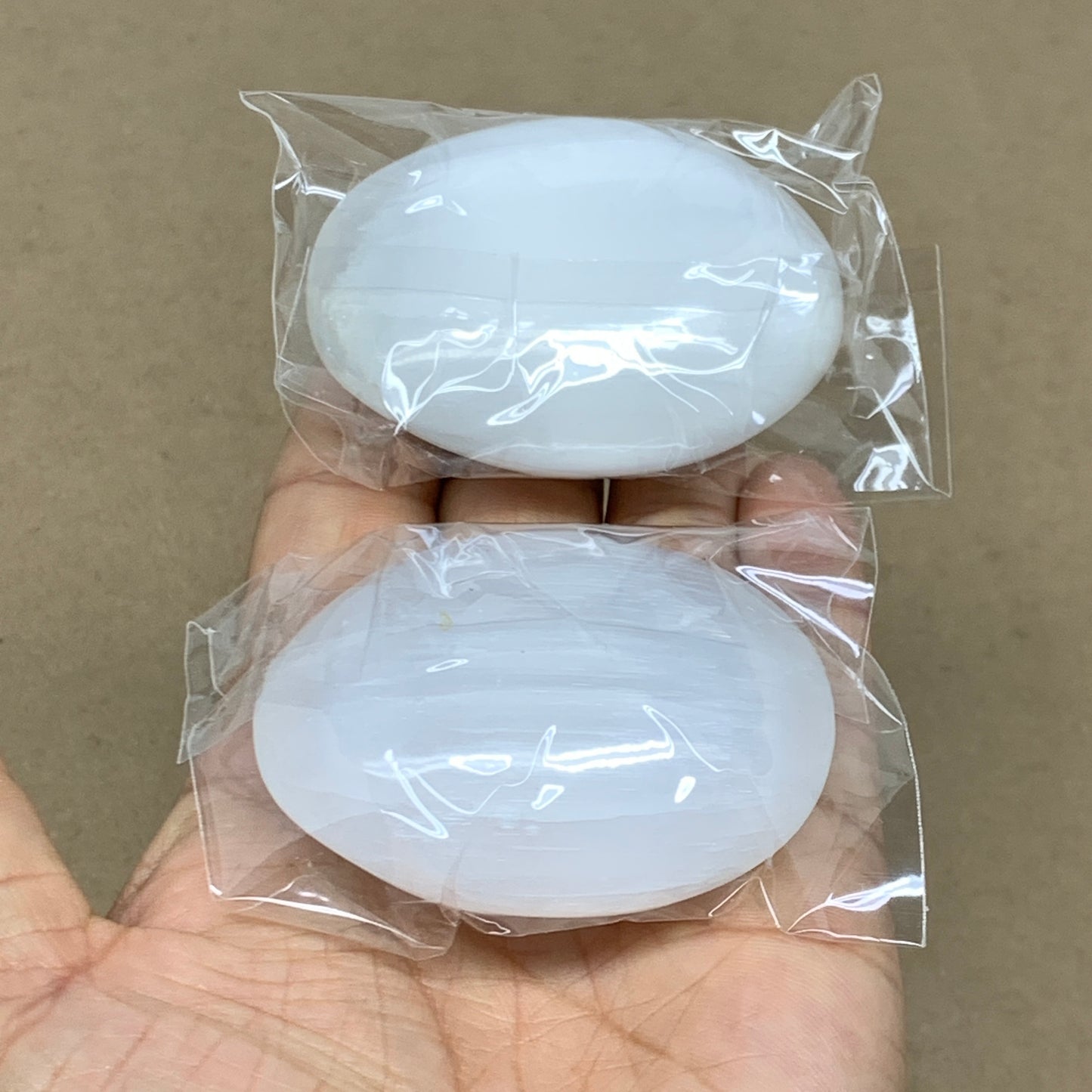 160g, 2.4"x2.1", 2pcs, White Selenite Palmstone Crystal Pillow Reiki, B36460