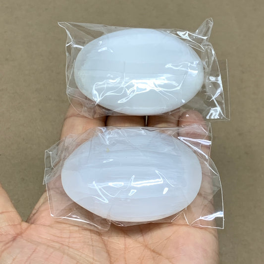 160g, 2.4"x2.1", 2pcs, White Selenite Palmstone Crystal Pillow Reiki, B36460