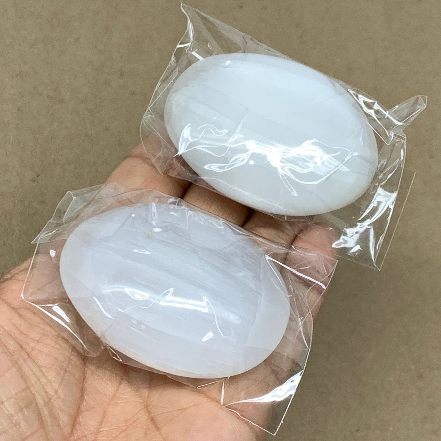 160g, 2.4"x2.1", 2pcs, White Selenite Palmstone Crystal Pillow Reiki, B36460
