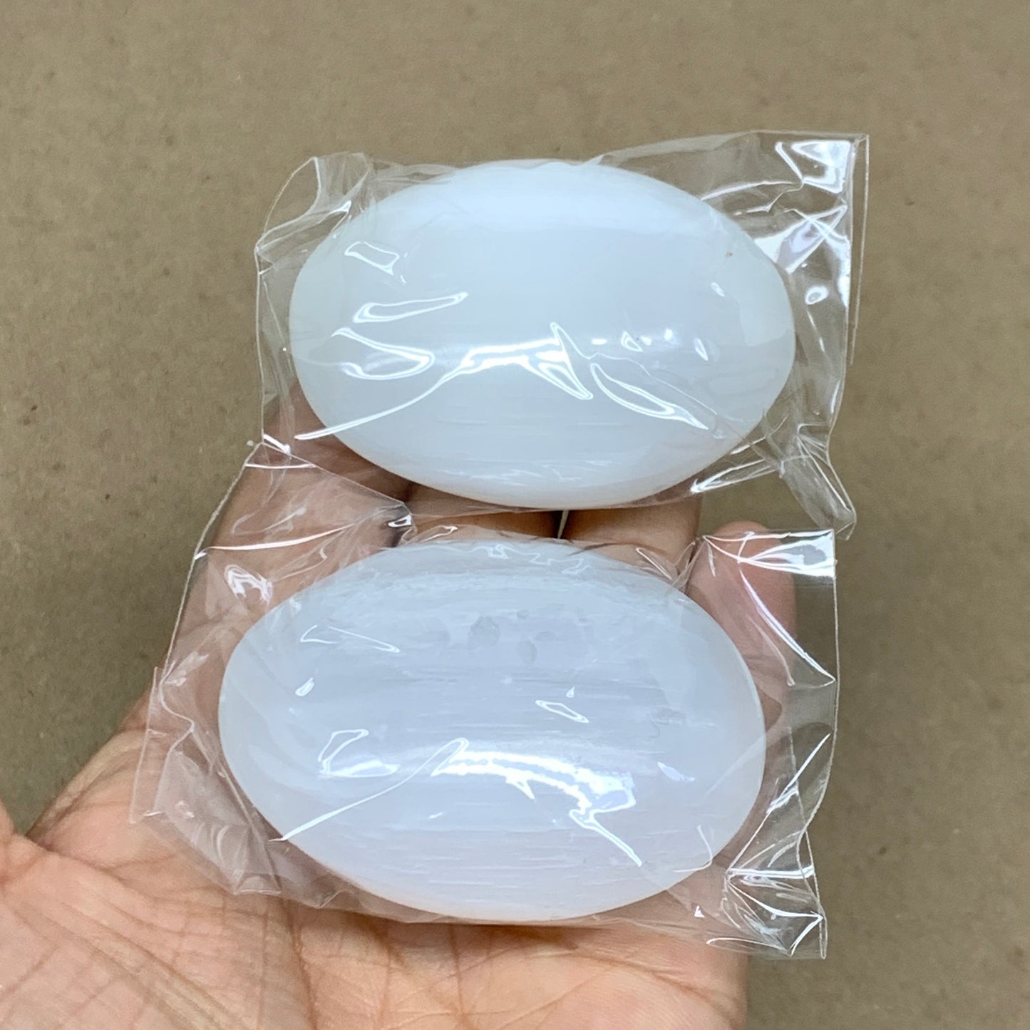 160g, 2.4"x2.1", 2pcs, White Selenite Palmstone Crystal Pillow Reiki, B36460