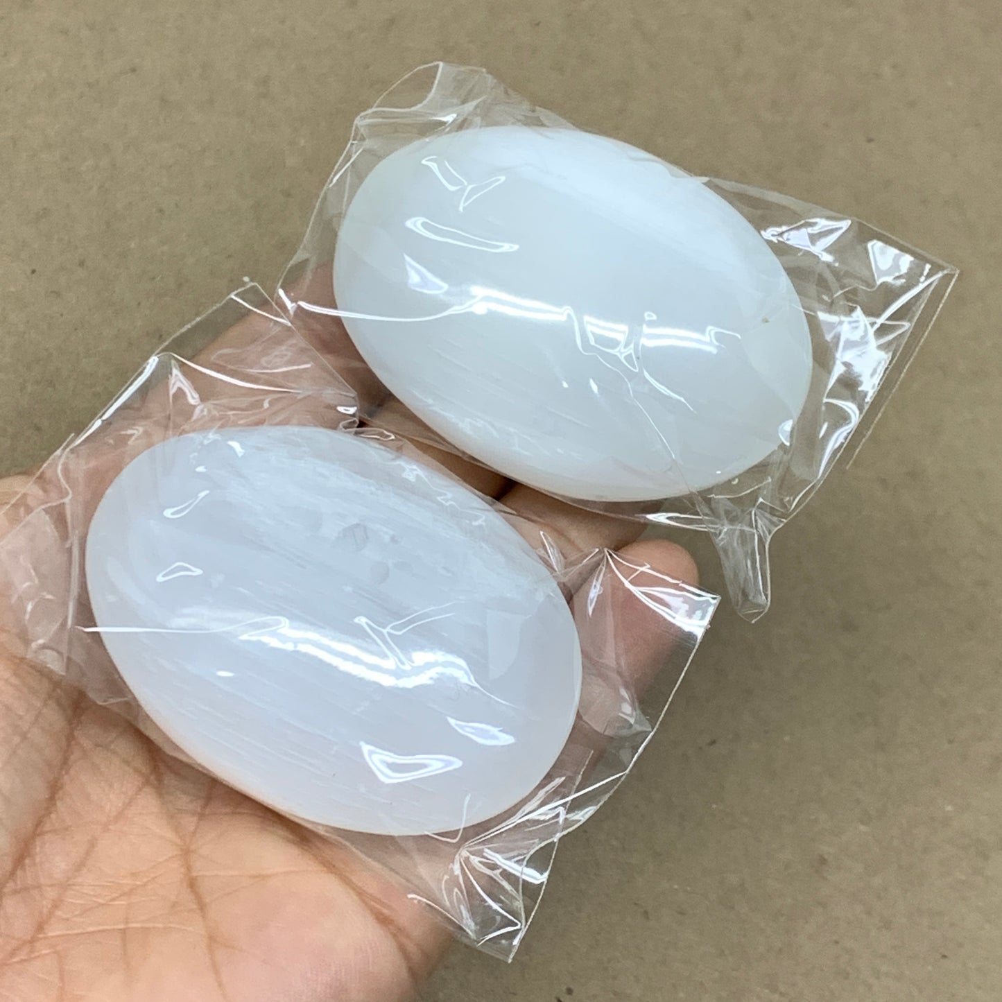 160g, 2.4"x2.1", 2pcs, White Selenite Palmstone Crystal Pillow Reiki, B36460