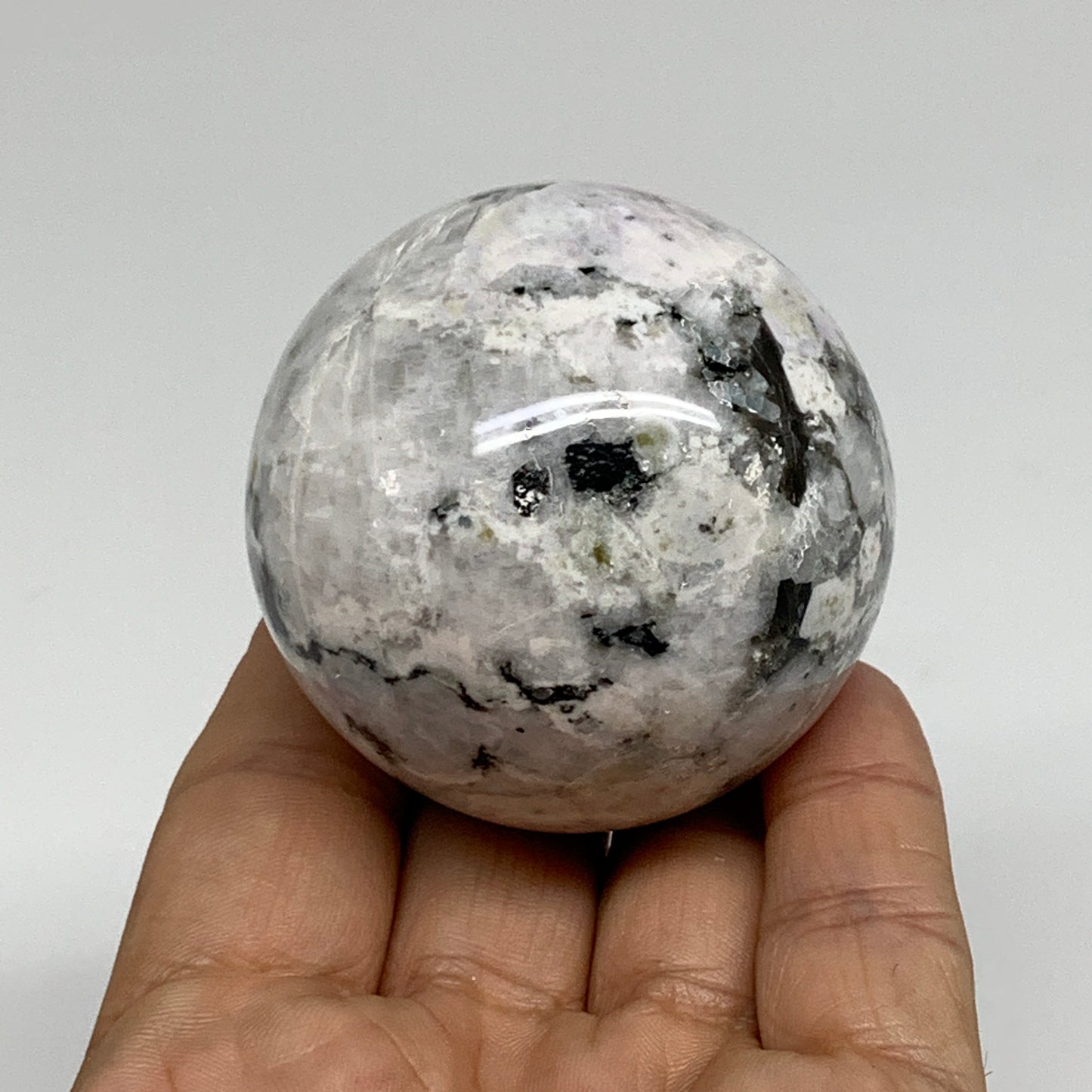 206.7g, 2.1"(53mm), Natural Rainbow Moonstone Sphere Ball Gemstone, B34347