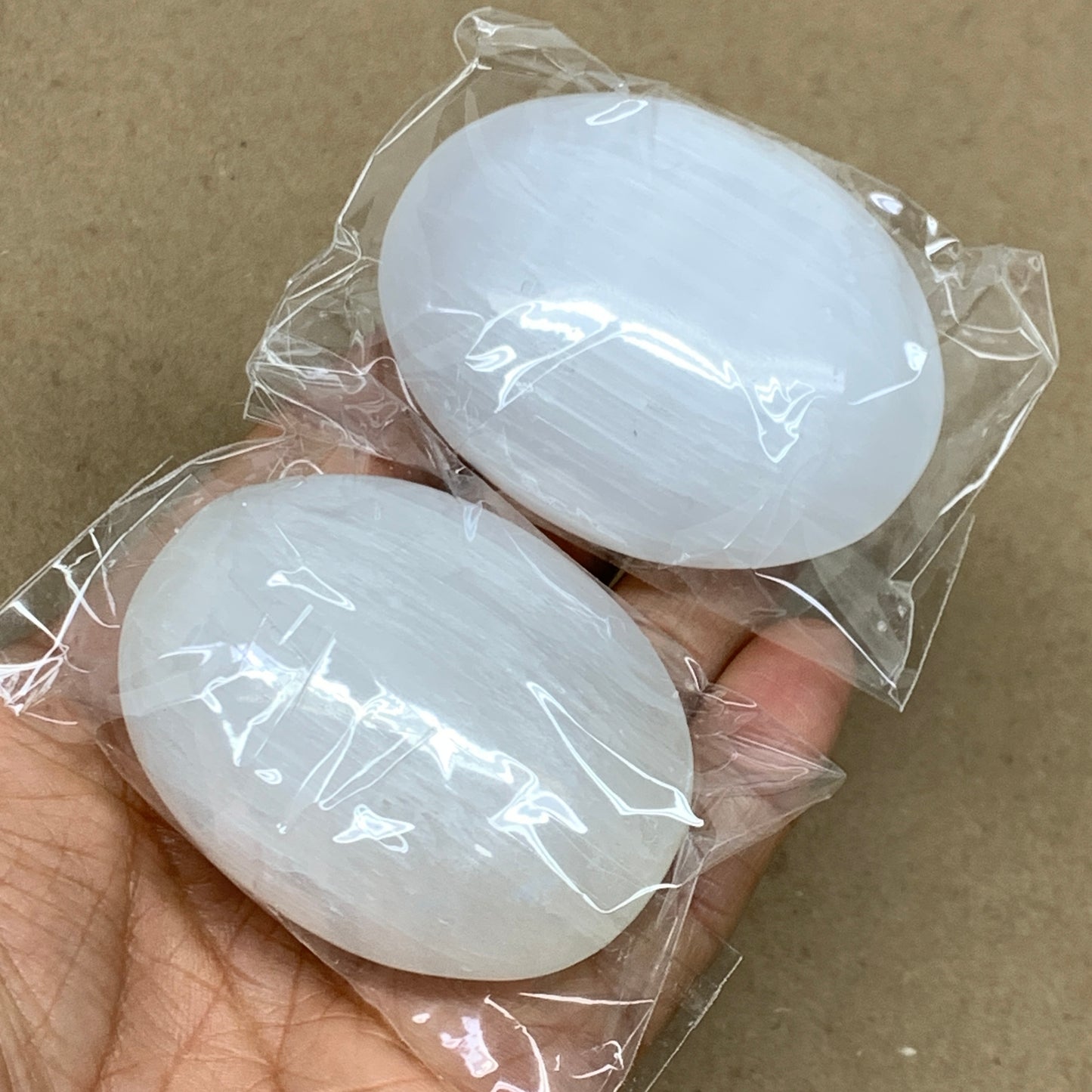 164g, 2.4"x1.8"x1", 2pcs, White Selenite Palmstone Crystal Pillow, B36861
