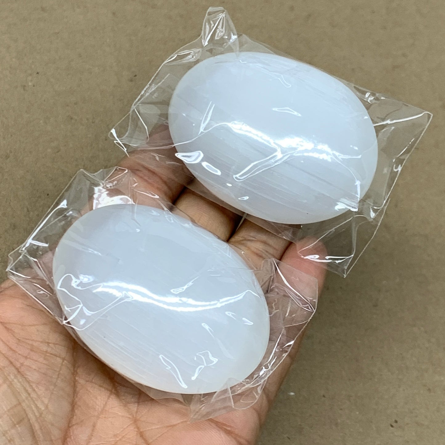 163g, 2.4"x1.8"x1", 2pcs, White Selenite Palmstone Crystal Pillow, B36864