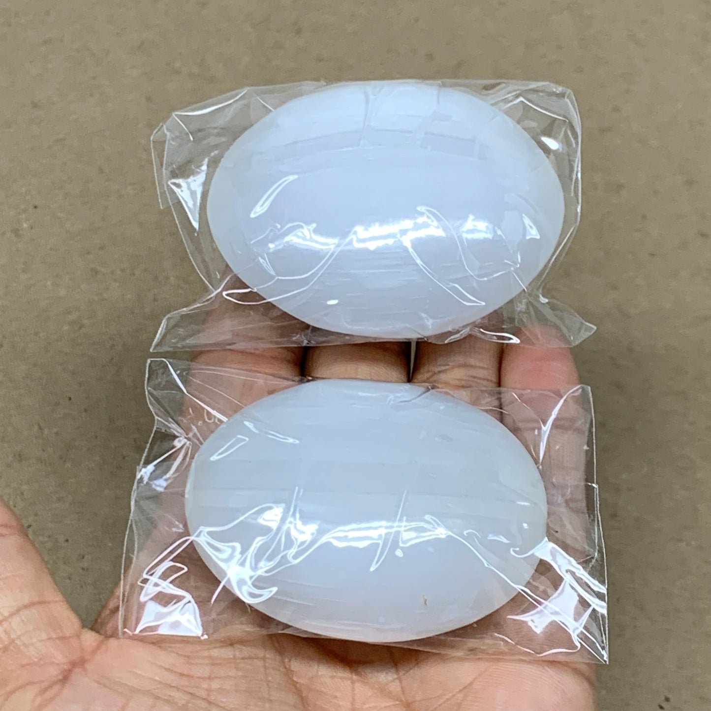 158g, 2.4"x1.8"x1", 2pcs, White Selenite Palmstone Crystal Pillow, B36867