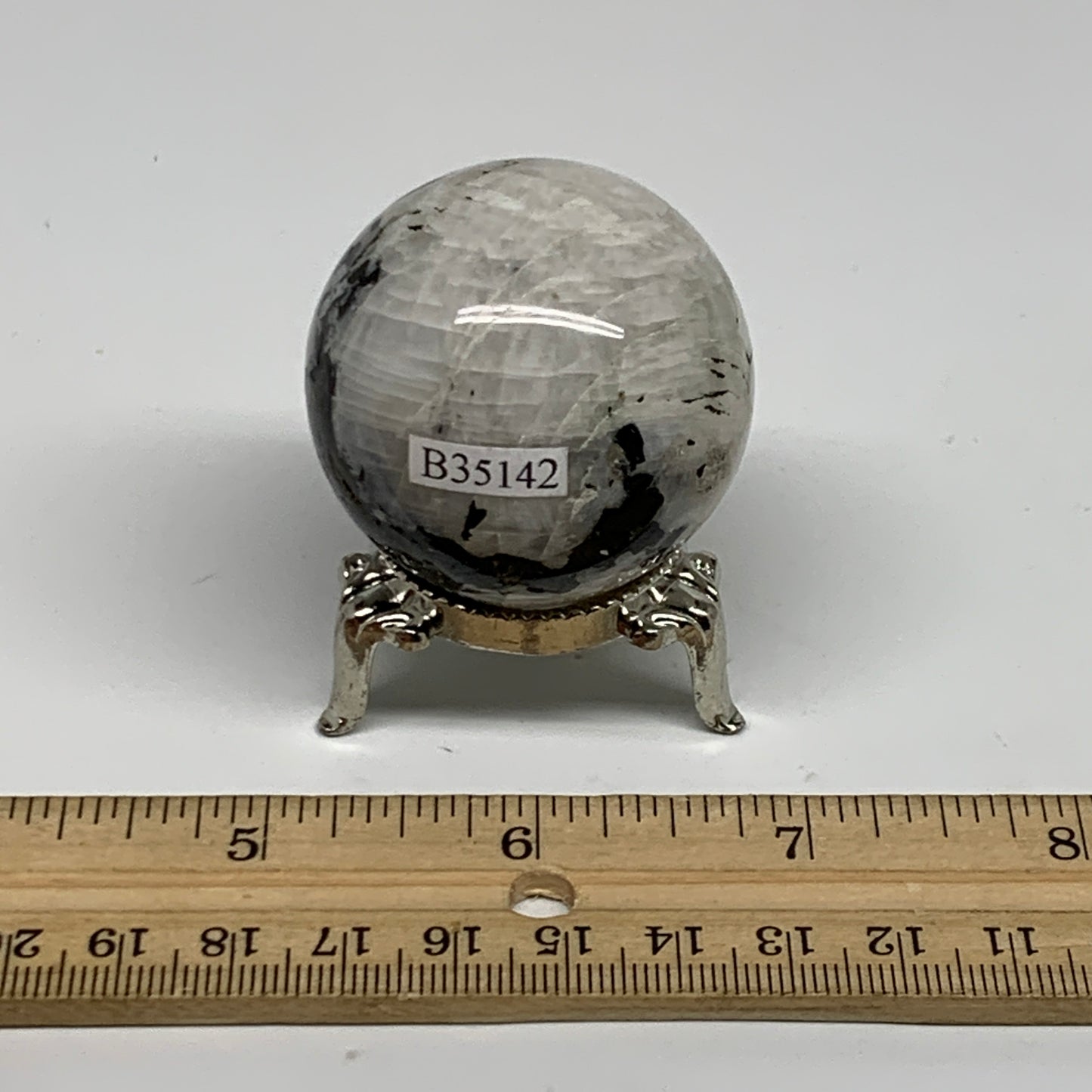 110g, 1.7"(42mm), Natural Rainbow Moonstone Sphere Ball Gemstone, B35142