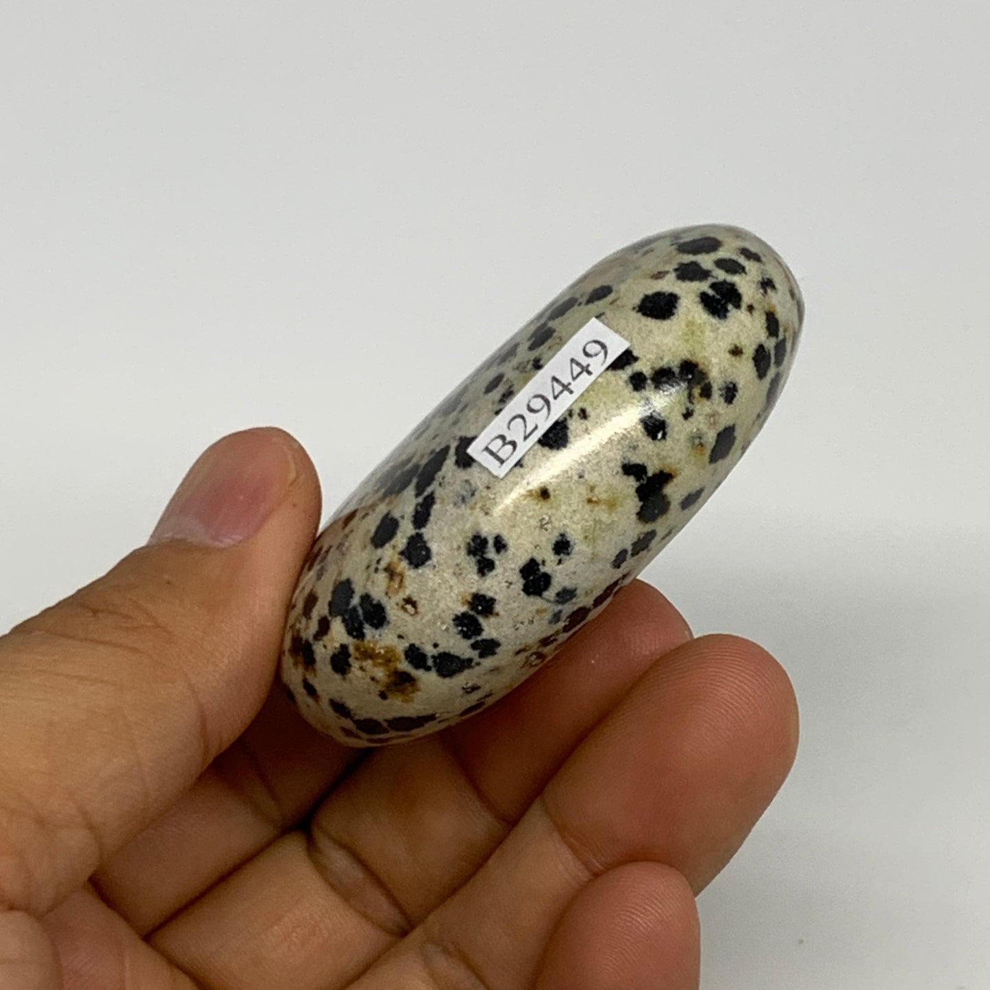 83.7g, 2.2"x1.7"x0.8", Natural Dalmatian Jasper Palm-Stone @India, B29449