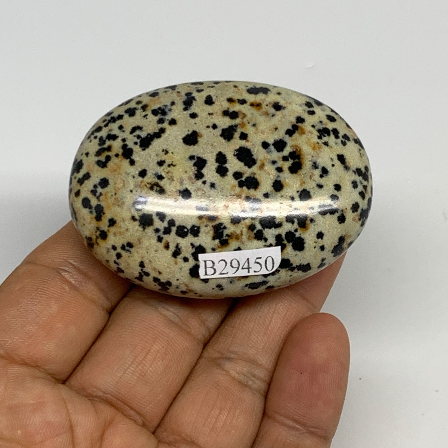 79.3g, 2.3"x1.7"x0.8", Natural Dalmatian Jasper Palm-Stone @India, B29450