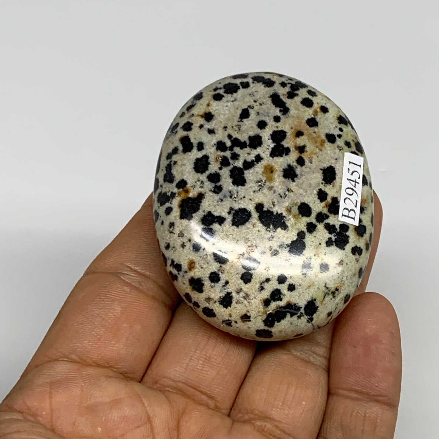 76.3g, 2.2"x1.8"x0.8", Natural Dalmatian Jasper Palm-Stone @India, B29451