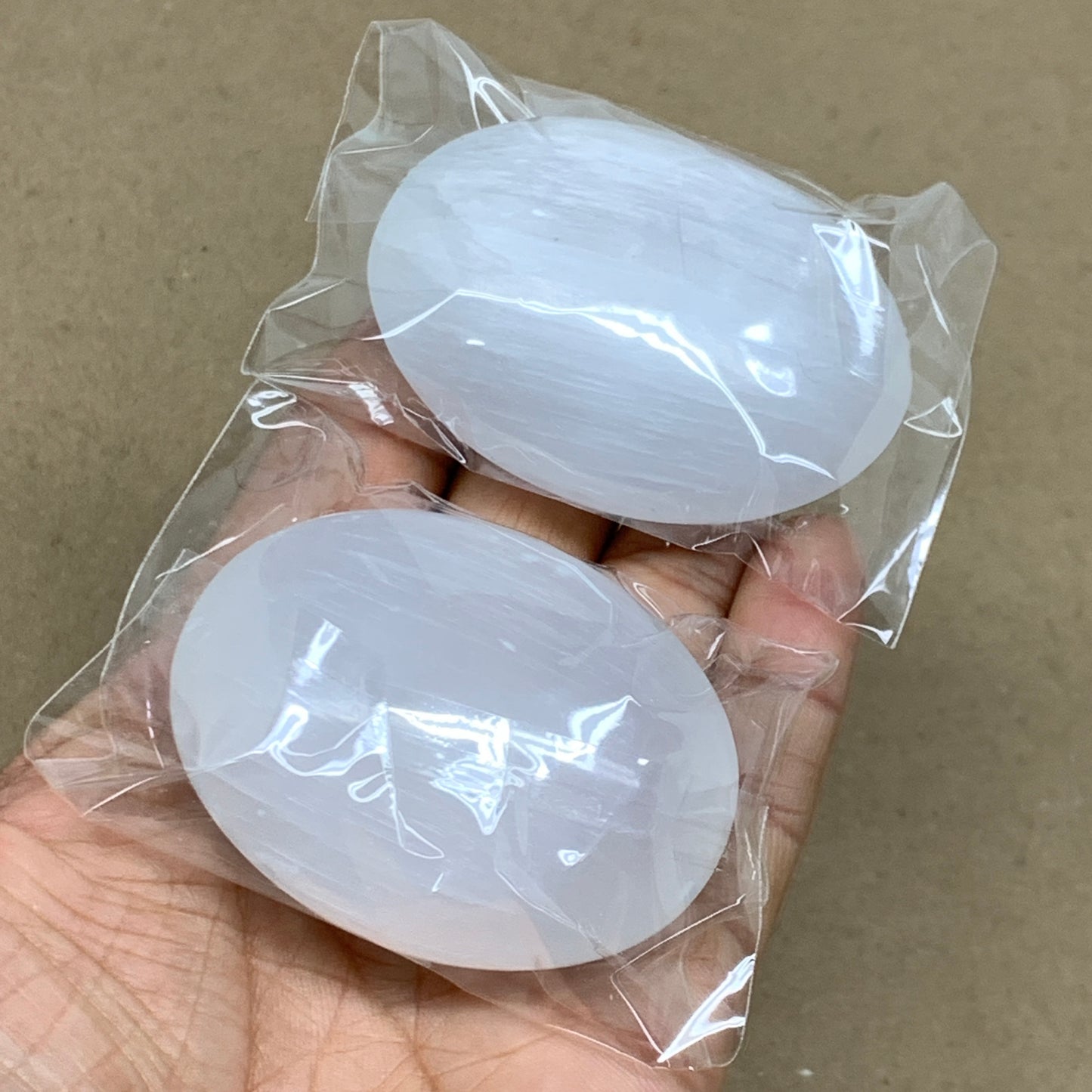 153g, 2.4"x1.8"x1", 2pcs, White Selenite Palmstone Crystal Pillow, B36874