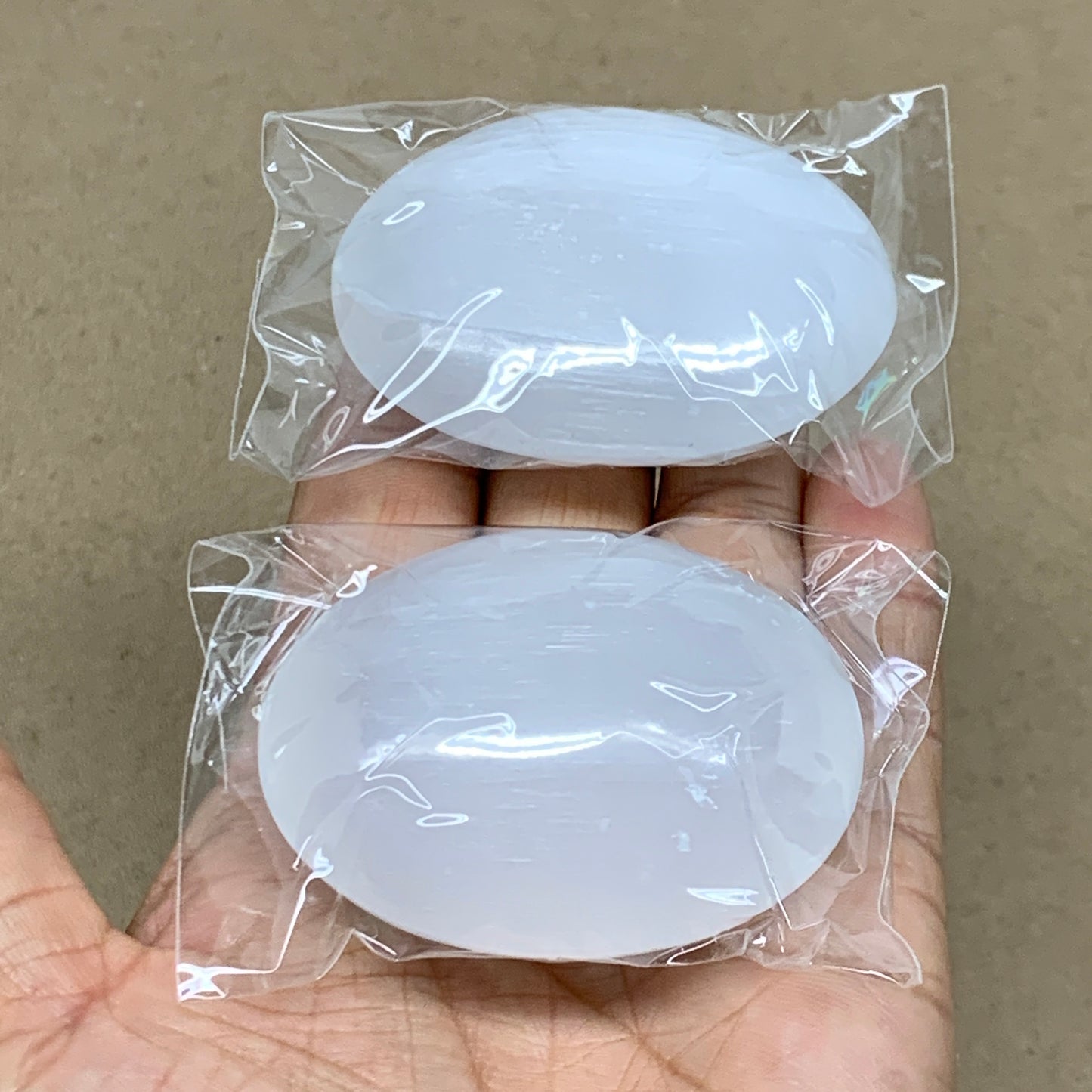 153g, 2.4"x1.8"x1", 2pcs, White Selenite Palmstone Crystal Pillow, B36874