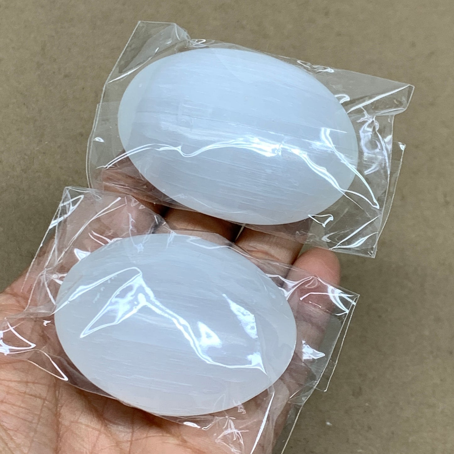 141g, 2.4"x1.8"x1", 2pcs, White Selenite Palmstone Crystal Pillow, B36875